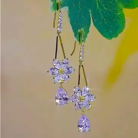 Gold Daisy Crystal Dangle Earrings Flower Water Drop - Picture 5 of 6